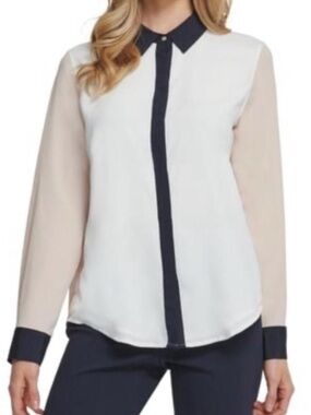 DKNY White, Beige & Black Contrast Button-Down Blouse